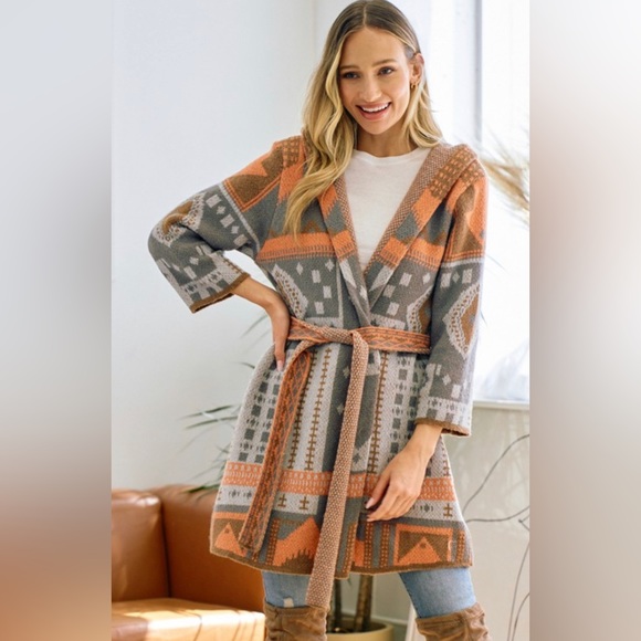 Women’s Grey and light Orange hooded Aztec cardigan with belt. Sizes S, M, L - Picture 5 of 5